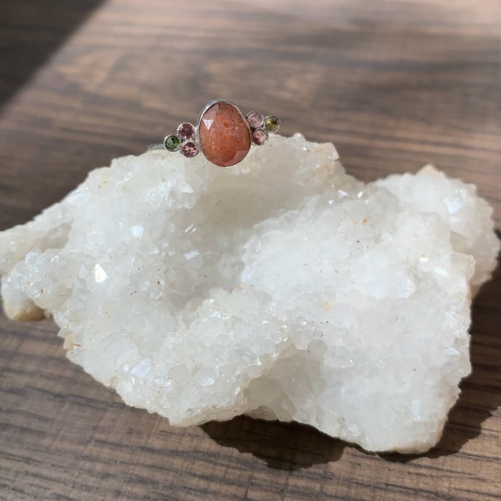 Faceted Sunstone and Tourmaline Sterling Silver Burst Ring